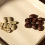 Before and after — green coffee beans and freshly roasted beans 